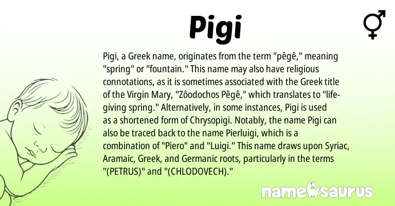 Infographic about Pigi name meaning, Pigi is a name from Aramaic, Germanic, Greek origin(s).