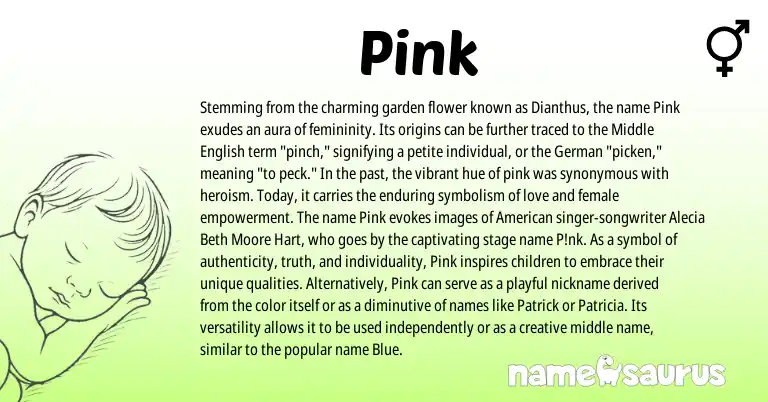 Infographic about Pink name meaning, Pink is a name from Middle English, German, American origin(s).