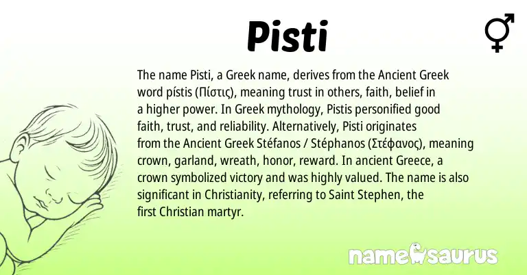 Infographic about Pisti name meaning, Pisti is a name from Ancient Greek, Christianity, Greece, Greek origin(s).
