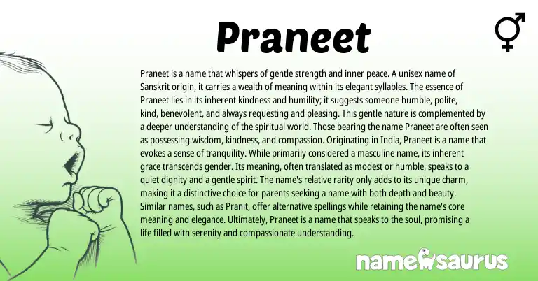 Infographic about Praneet name meaning, Praneet is a name from Indian, Sanskrit, Hindi origin(s).