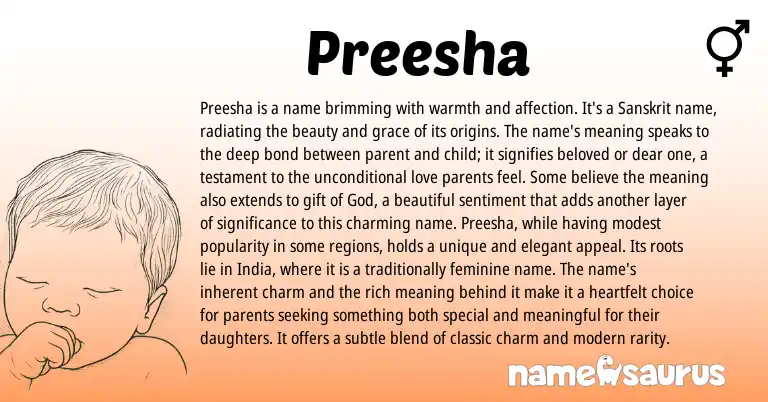 Infographic about Preesha name meaning, Preesha is a name from Hebrew, Indian, Sanskrit origin(s).