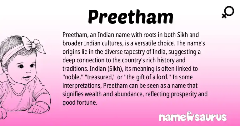 Infographic about Preetham name meaning, Preetham is a name from Indian, Indian (Sikh) origin(s).
