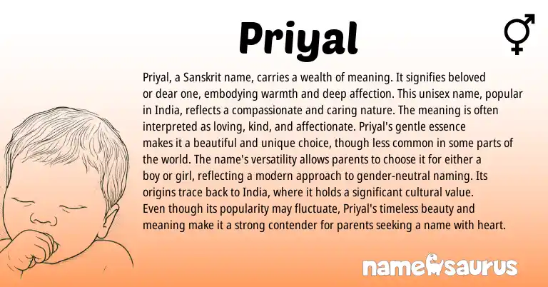 Infographic about Priyal name meaning, Priyal is a name from Indian, Sanskrit origin(s).
