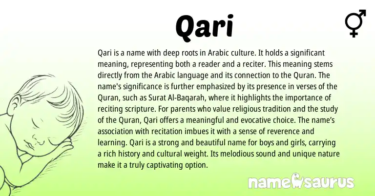 Infographic about Qari name meaning, Qari is a name from Arabic origin(s).