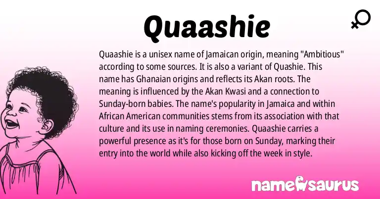 Infographic about Quaashie name meaning, Quaashie is a name from Jamaican Patois, African American, Jamaican, Ghanaian origin(s).
