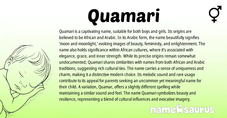 Infographic about Quamari name meaning, Quamari is a name from African, Arabic origin(s).