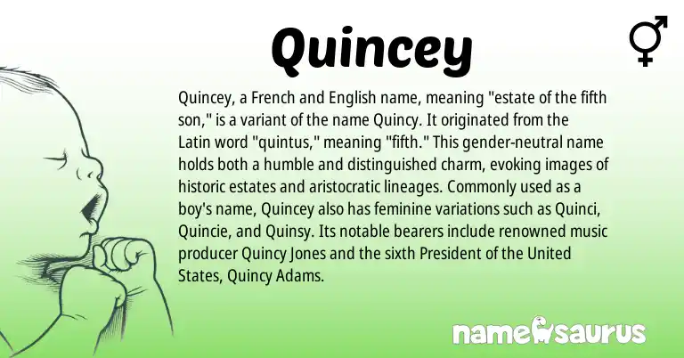 Infographic about Quincey name meaning, Quincey is a name from English, French, Latin, United States origin(s).