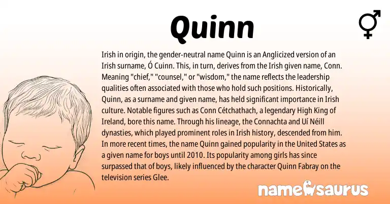Infographic about Quinn name meaning, Quinn is a name from Irish, Ireland, United States origin(s).