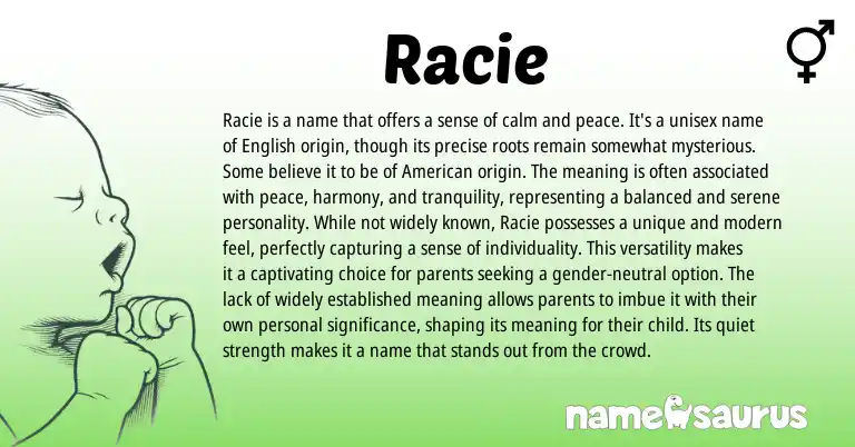 Infographic about Racie name meaning, Racie is a name from English origin(s).