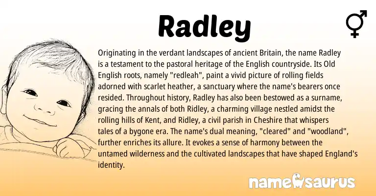 Infographic about Radley name meaning, Radley is a name from Old English, English, England origin(s).