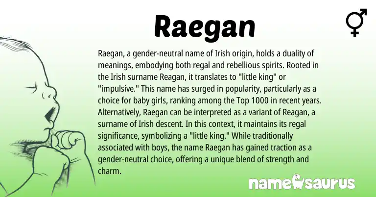 Infographic about Raegan name meaning, Raegan is a name from Irish origin(s).