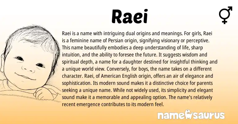 Infographic about Raei name meaning, Raei is a name from Persian, Arabic origin(s).