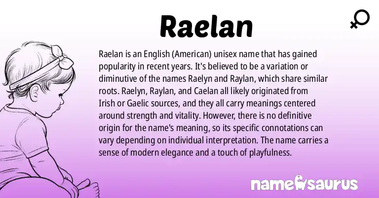Infographic about Raelan name meaning, Raelan is a name from English (American) origin(s).