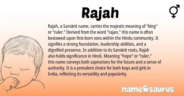 Infographic about Rajah name meaning, Rajah is a name from Sanskrit, Hindi, Hindu origin(s).
