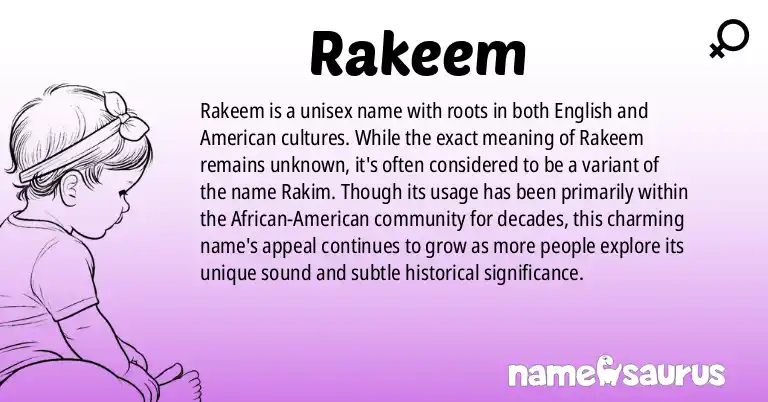 Infographic about Rakeem name meaning, Rakeem is a name from English, American origin(s).