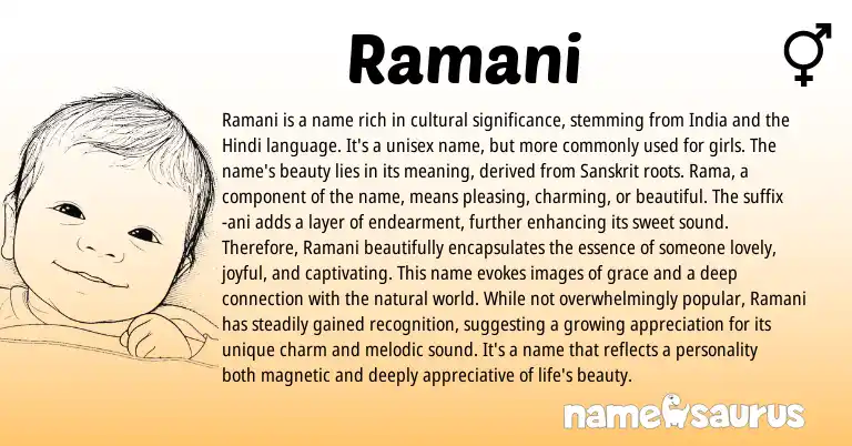Infographic about Ramani name meaning, Ramani is a name from Indian, Sanskrit origin(s).