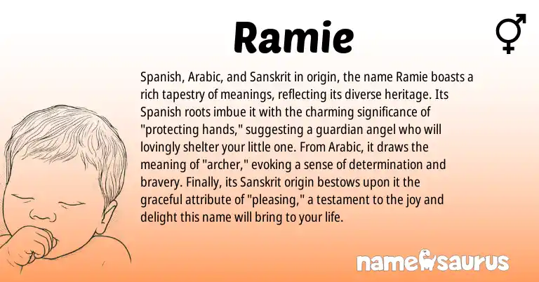 Infographic about Ramie name meaning, Ramie is a name from Spanish, Sanskrit, Arabic origin(s).