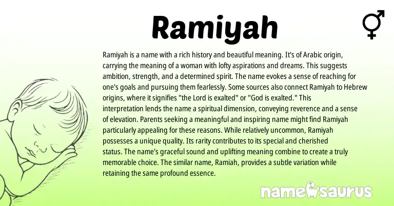 Infographic about Ramiyah name meaning, Ramiyah is a name from Hebrew, Arabic, American origin(s).