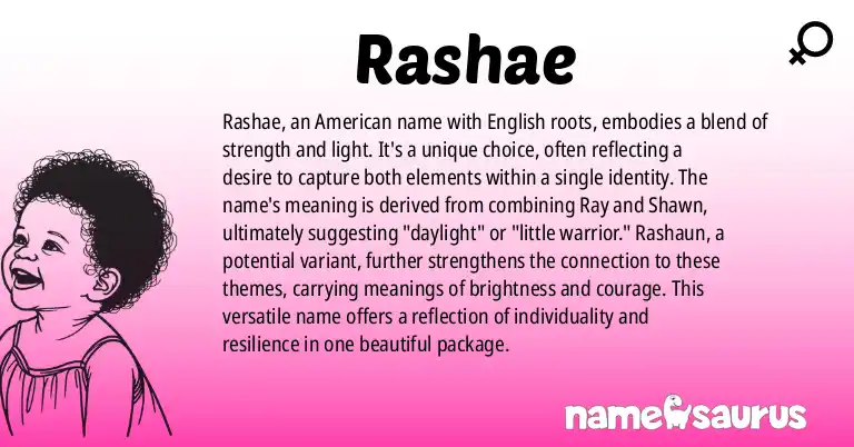 Infographic about Rashae name meaning, Rashae is a name from English (American), English (Canadian), American origin(s).