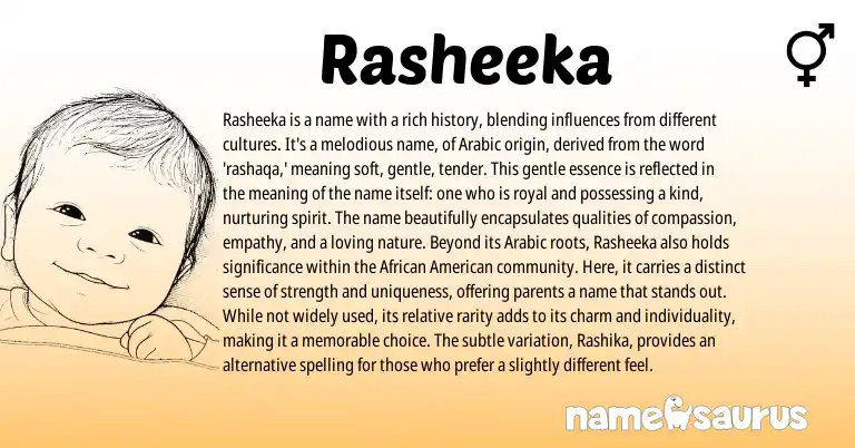 Infographic about Rasheeka name meaning, Rasheeka is a name from Arabic origin(s).