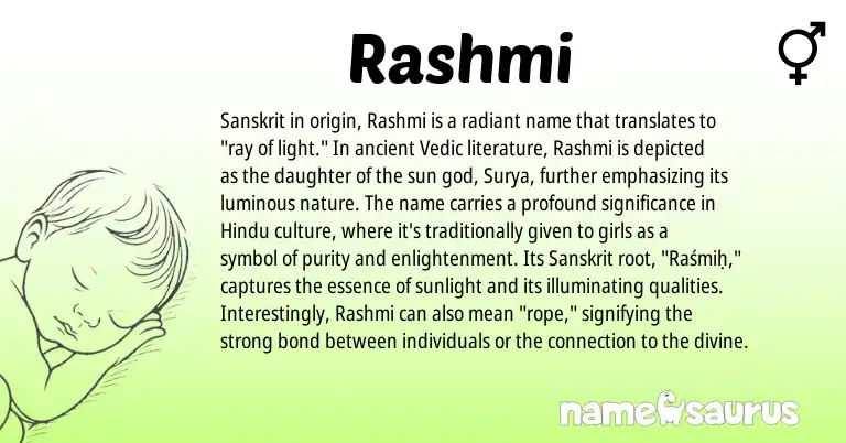 Infographic about Rashmi name meaning, Rashmi is a name from Sanskrit, Hindu origin(s).