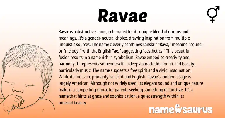 Infographic about Ravae name meaning, Ravae is a name from English, Sanskrit origin(s).