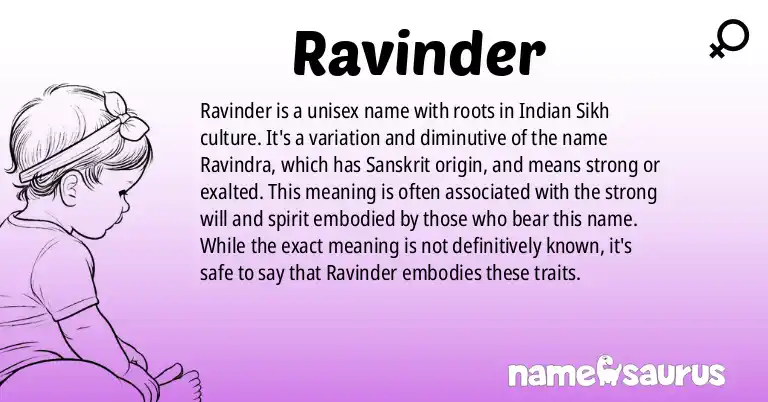 Infographic about Ravinder name meaning, Ravinder is a name from Indian (Sikh) origin(s).