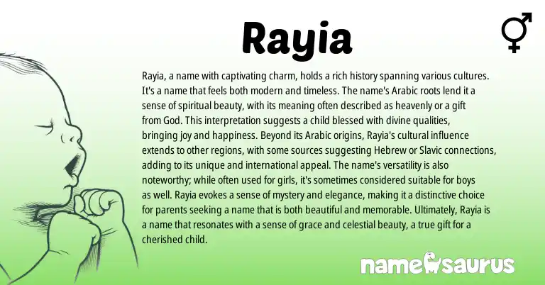 Infographic about Rayia name meaning, Rayia is a name from Russian, Arabic origin(s).