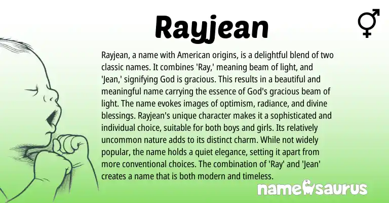Infographic about Rayjean name meaning, Rayjean is a name from English, American origin(s).