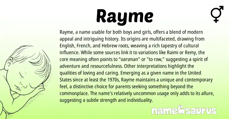 Infographic about Rayme name meaning, Rayme is a name from Arabic, French, Hebrew, American origin(s).
