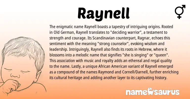 Infographic about Raynell name meaning, Raynell is a name from American, Scandinavian, Old German, African, Hebrew origin(s).
