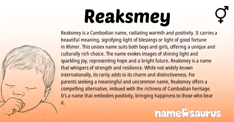 Infographic about Reaksmey name meaning, Reaksmey is a name from Cambodian, Khmer origin(s).
