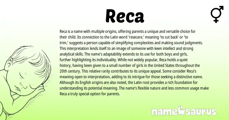 Infographic about Reca name meaning, Reca is a name from Latin origin(s).