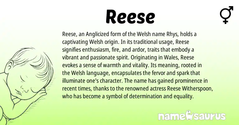 Infographic about Reese name meaning, Reese is a name from Welsh origin(s).