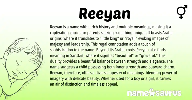 Infographic about Reeyan name meaning, Reeyan is a name from Persian, Sanskrit, Arabic origin(s).