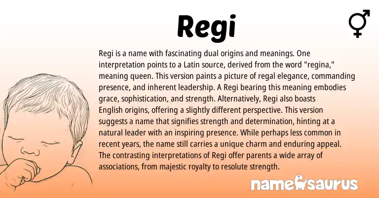 Infographic about Regi name meaning, Regi is a name from Latin origin(s).