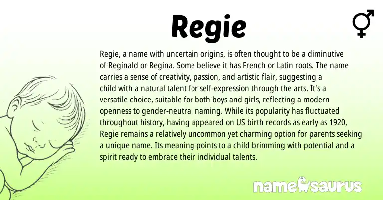 Infographic about Regie name meaning, Regie is a name from Latin, French, English origin(s).