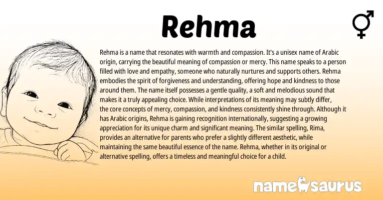 Infographic about Rehma name meaning, Rehma is a name from Arabic origin(s).