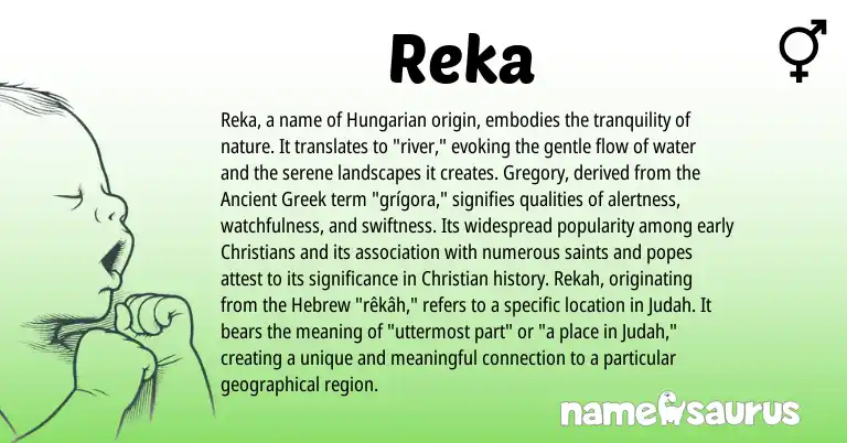 Infographic about Reka name meaning, Reka is a name from Hungarian, Hebrew, Ancient Greek origin(s).