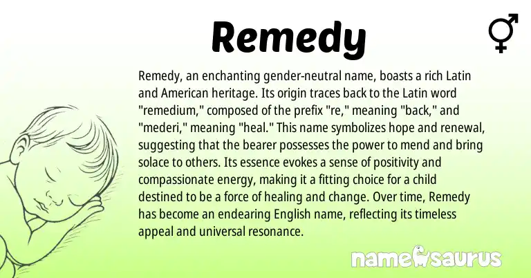 Infographic about Remedy name meaning, Remedy is a name from English, Latin, American origin(s).