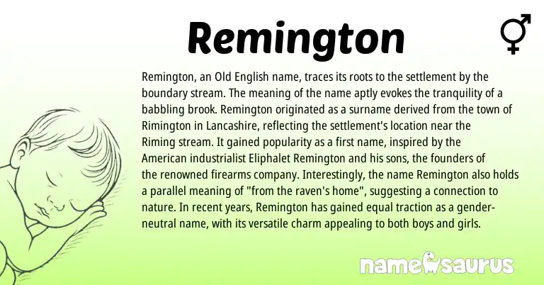 Infographic about Remington name meaning, Remington is a name from Old English, American origin(s).