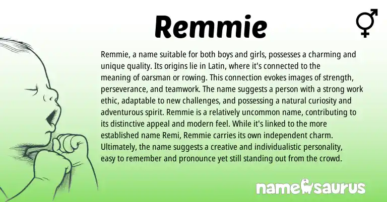 Infographic about Remmie name meaning, Remmie is a name from Latin, English origin(s).