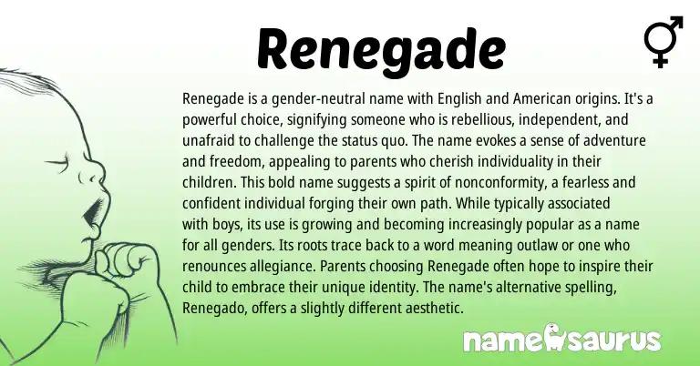 Infographic about Renegade name meaning, Renegade is a name from English origin(s).