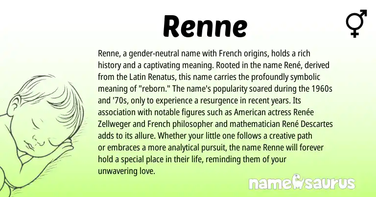 Infographic about Renne name meaning, Renne is a name from French, Latin, American origin(s).