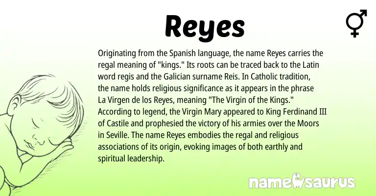 Infographic about Reyes name meaning, Reyes is a name from Galician, Spanish, Latin origin(s).