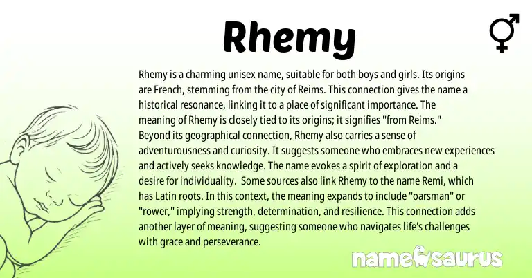 Infographic about Rhemy name meaning, Rhemy is a name from French origin(s).