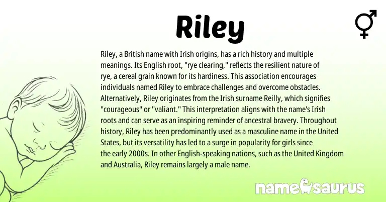 Infographic about Riley name meaning, Riley is a name from Irish, British, United States, English, United Kingdom origin(s).