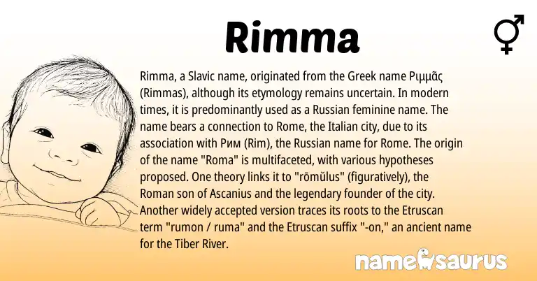 Infographic about Rimma name meaning, Rimma is a name from Slavic, Russian, Etruscan, Roman, Greek, Italian origin(s).