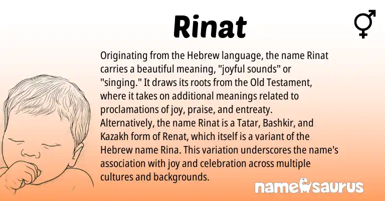 Infographic about Rinat name meaning, Rinat is a name from Kazakh, Bashkir, Hebrew, Tatar origin(s).