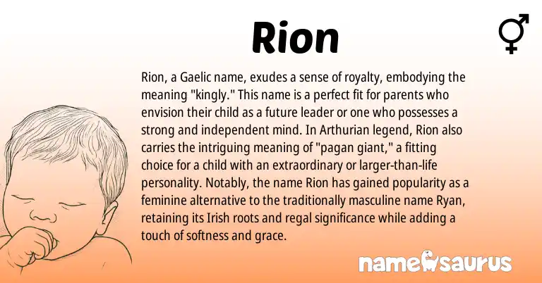 Infographic about Rion name meaning, Rion is a name from Irish, Gaelic, Arthurian origin(s).